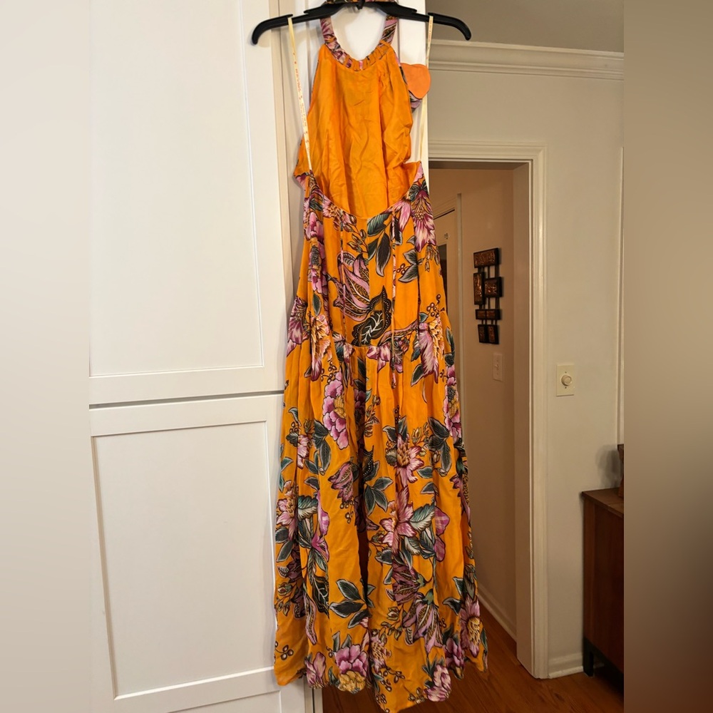 Farm Rio Orange Wonderful Bouquet Maxi Dress rosette halter neck - Picture 7 of 9